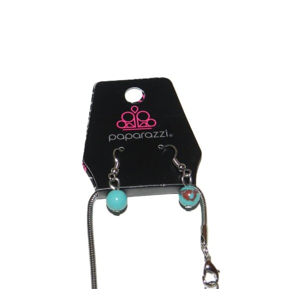 Paparazzi 3 Piece Crackle Turquoise Set Necklace Earrings Bracelet - Picture 4 of 16